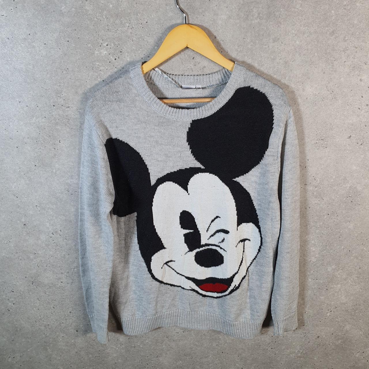Vintage Walter Disney World Mickey Mouse Knit Sweater Womens Medium Grey Logo Winter