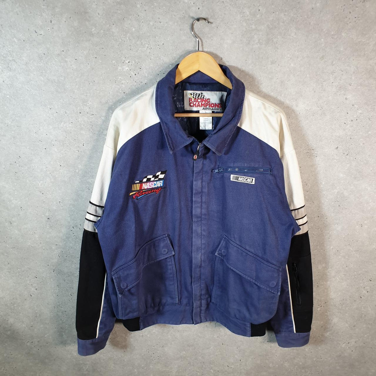 Vintage Nascar Racing Champions Motorsports Bomber Jacket Men’s Large Blue Motorcyle Biker USA Big Fish Vintage