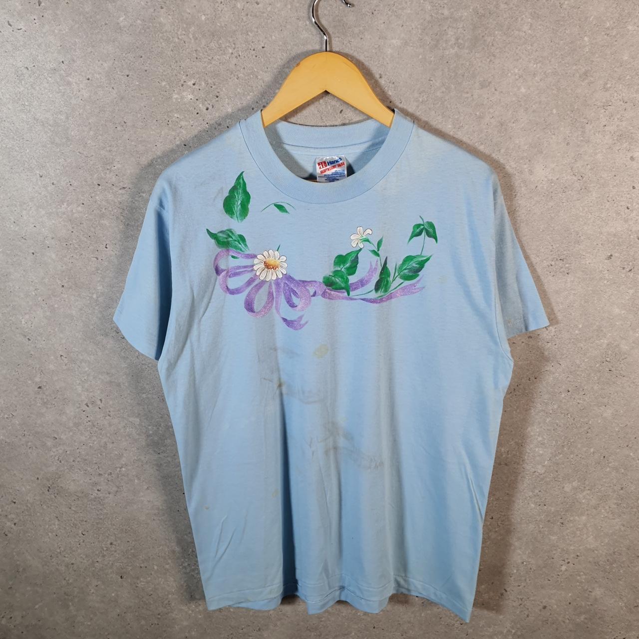 Vintage Hanes Flower Plants Graphic 90s USA Single Stitch T Shirt Men’s Large Blue