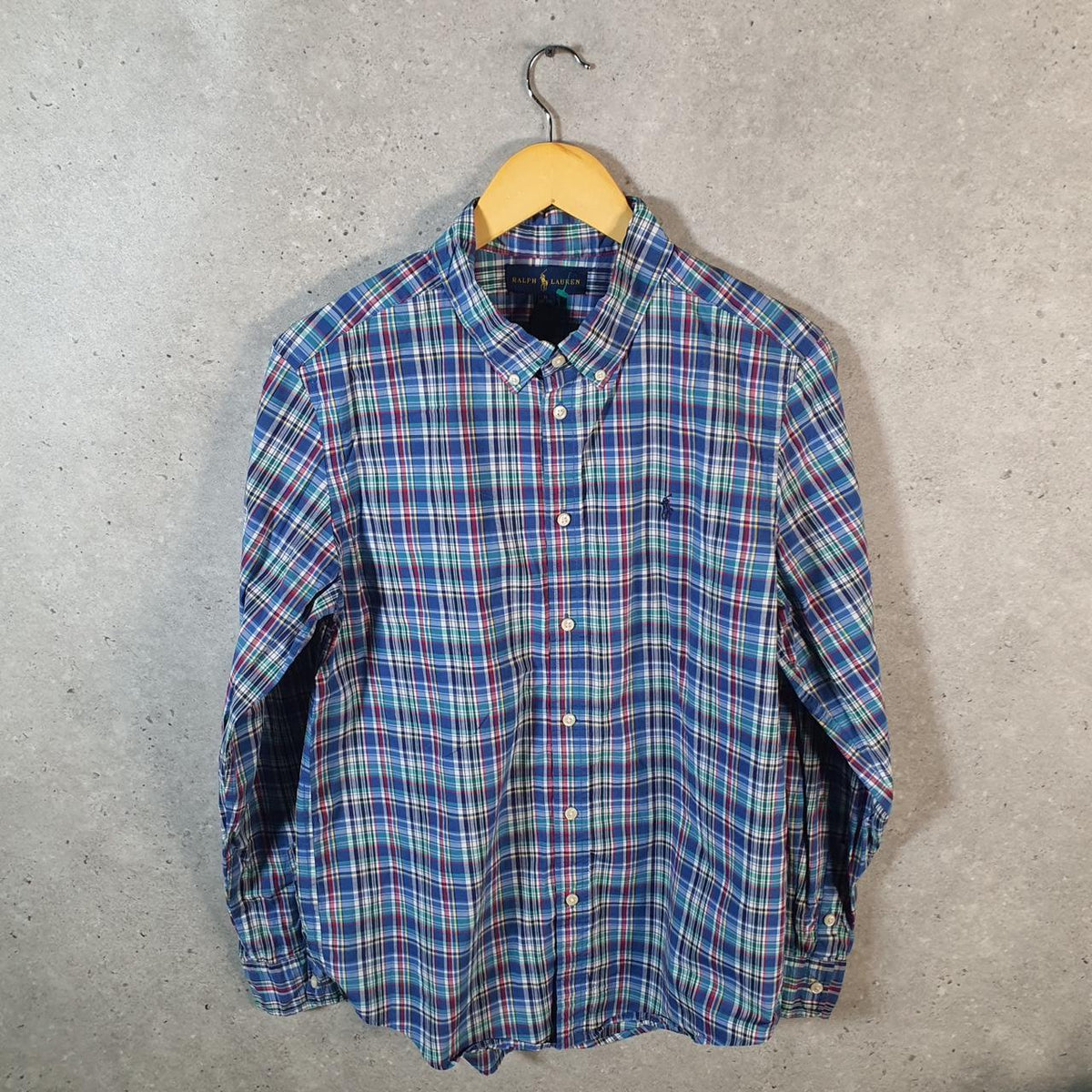 Vintage Ralph Lauren Button Down Shirt Womens XL Blue Checkered Cotton Pony