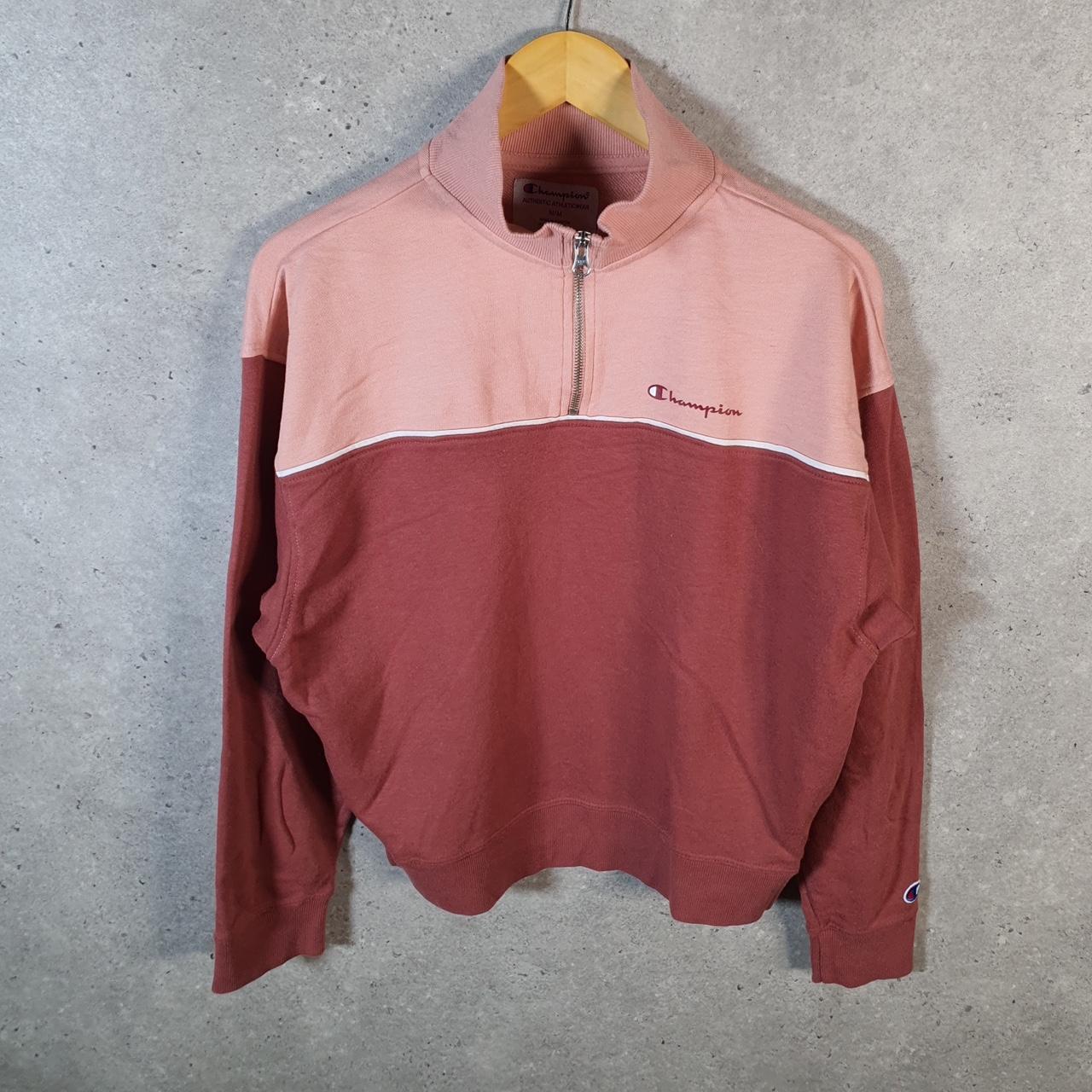 Vintage Champion 1/4 Zip Sweatshirt Womens M Pink USA Pullover Spellout Logo