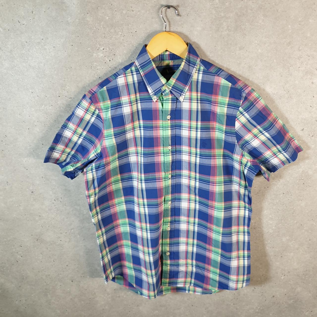 Vintage Ralph Lauren Button Down Shirt Men’s Medium Blue Checkered Short Sleeve Cotton Pony