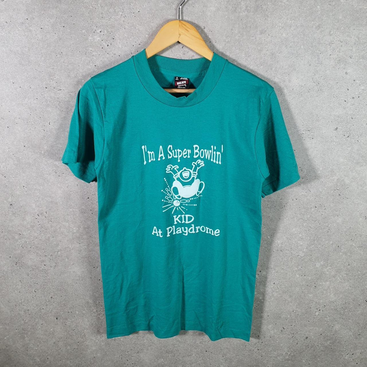 Vintage Fruit of the Loom Bowling Graphic Single Stitch T Shirt Men’s Small Blue Big Fish Vintage
