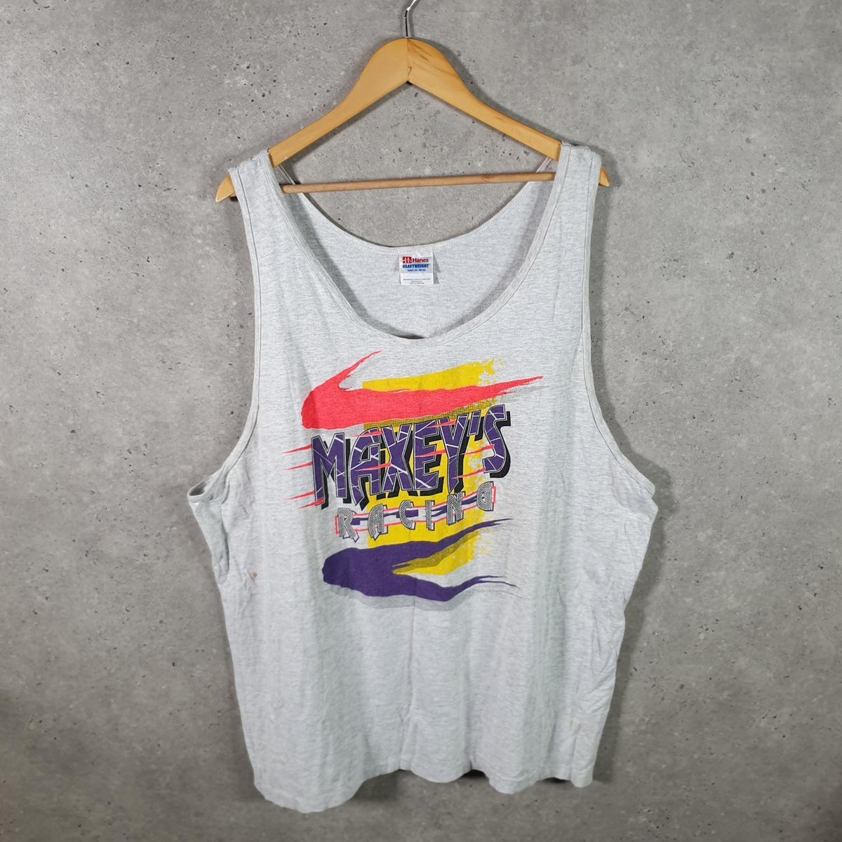Vintage Hanes Heavyweight Maxeys Racing 90s USA Single Stitch Vest Men’s 2XL Grey Big Fish Vintage