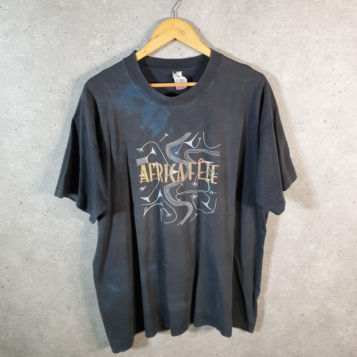 Vintage Fruit of the Loom Africa Fete 1995 USA Single Stitch T Shirt Men’s Large Black C8383