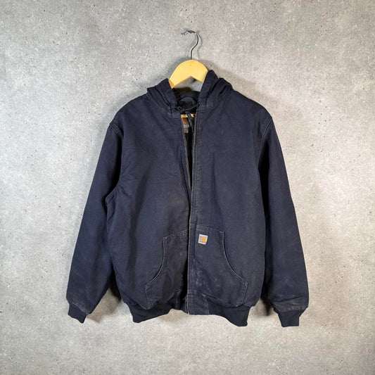 Vintage Carhartt Active Hooded Jacket Womens L Navy Blue Thrashed Workwear Canvas USA