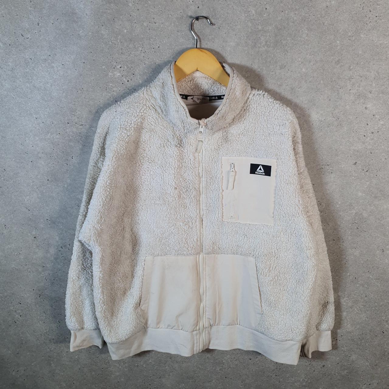 Reebok Full Zip Fleece Sweatshirt Mens Large Beige Embroidered Logo