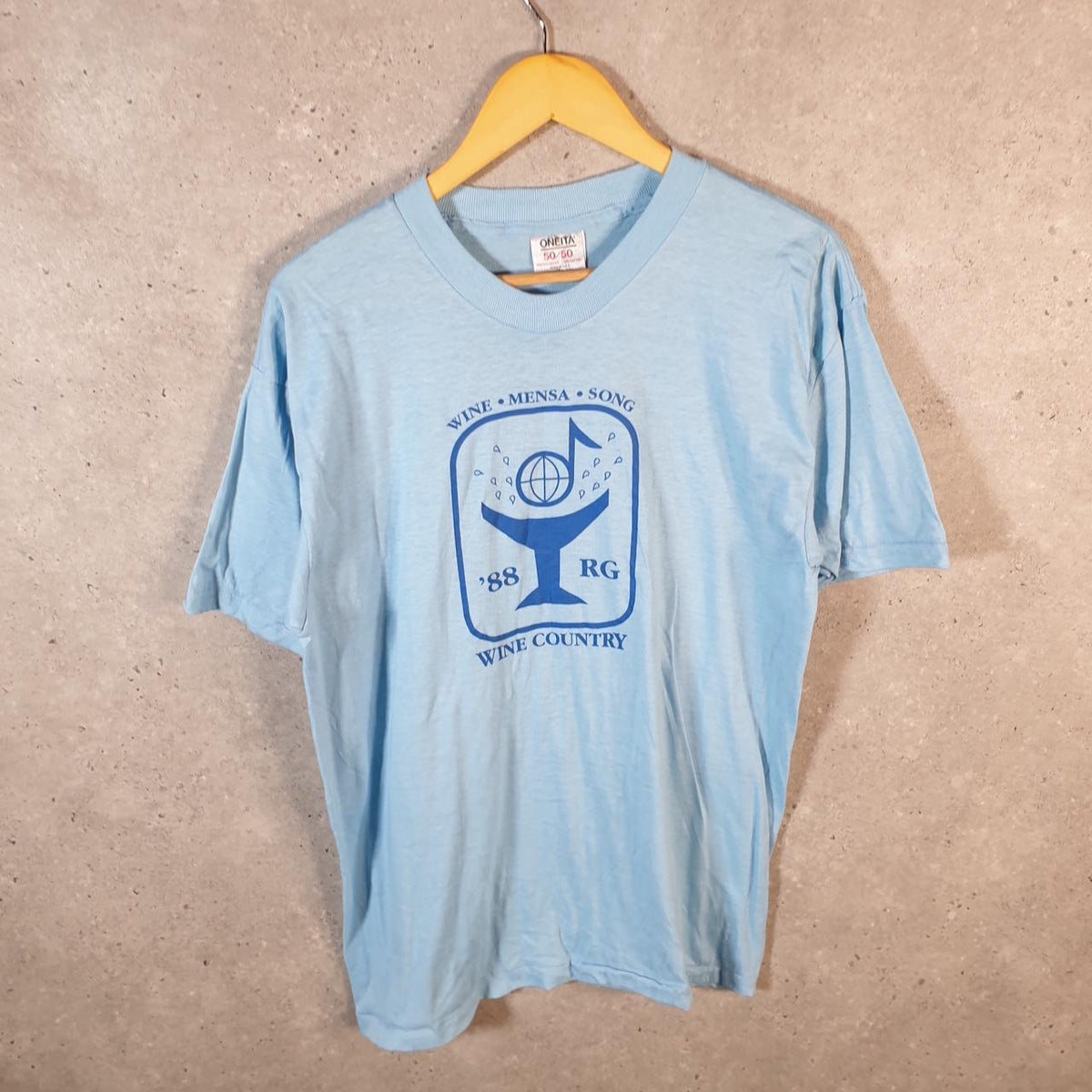 Vintage Oneita Power Wine Country 1988 USA Single Stitch T Shirt Men’s XL Blue