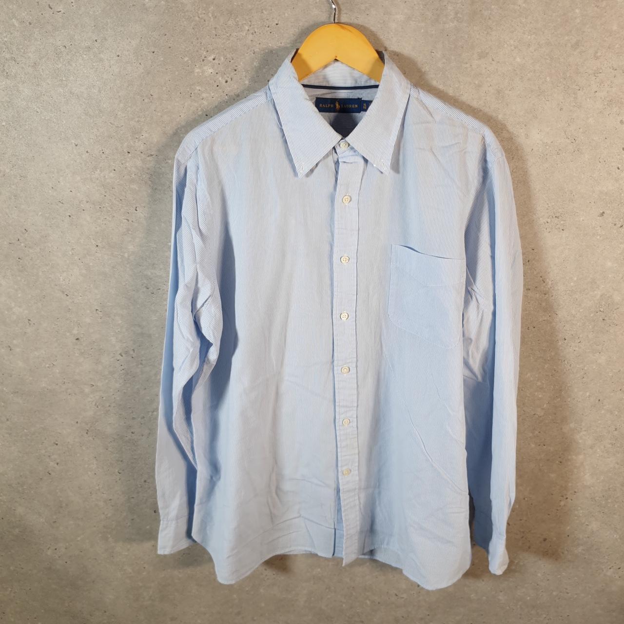 Vintage Ralph Lauren Button Down Shirt Men’s XL Blue Striped Custom Fit Cotton Pocket
