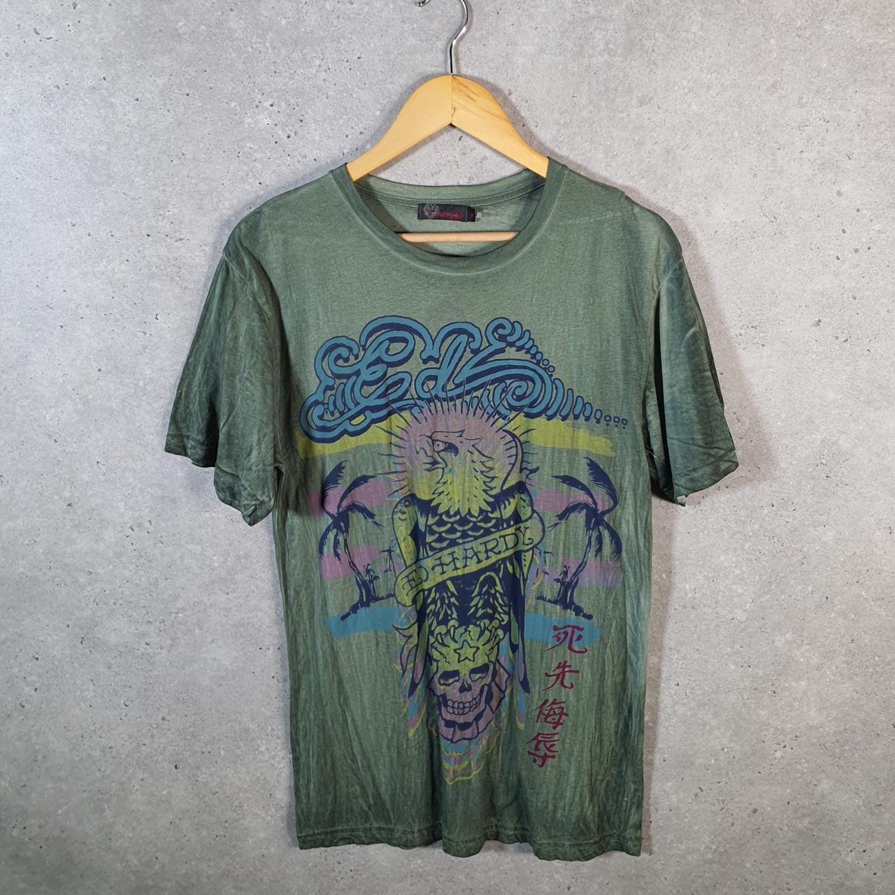 Vintage Ed Hardy T Shirt Men’s Medium Green Christian Audigier Love Heart Graphic Skull Y2K Big Fish Vintage
