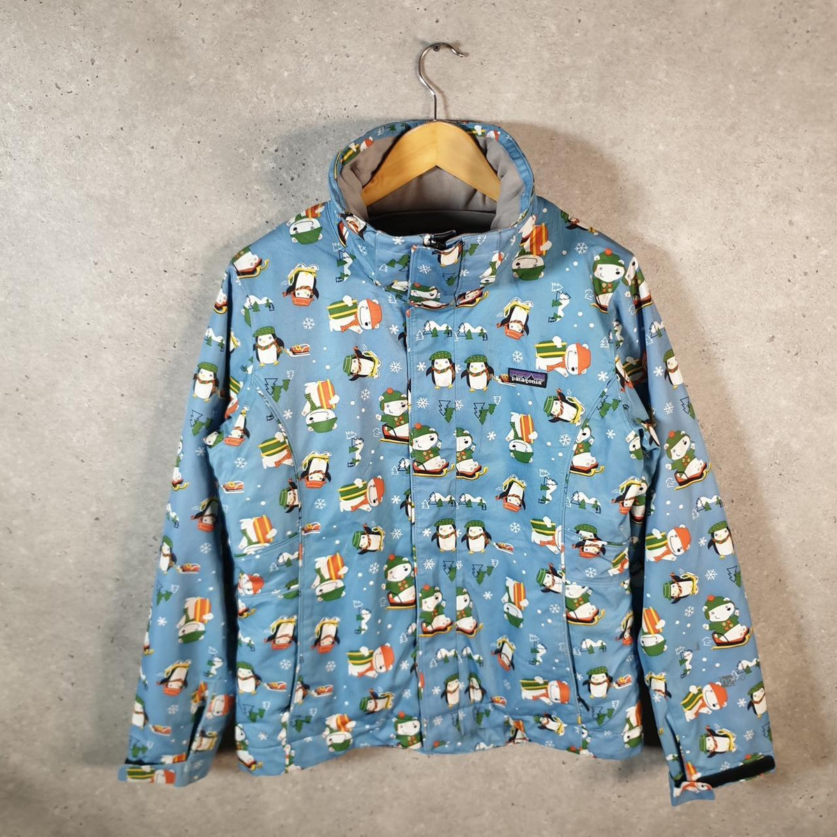 Vintage Patagonia Snow Penguin Winter Rain Jacket Women Large Blue Full Zip Windbreaker Big Fish Vintage
