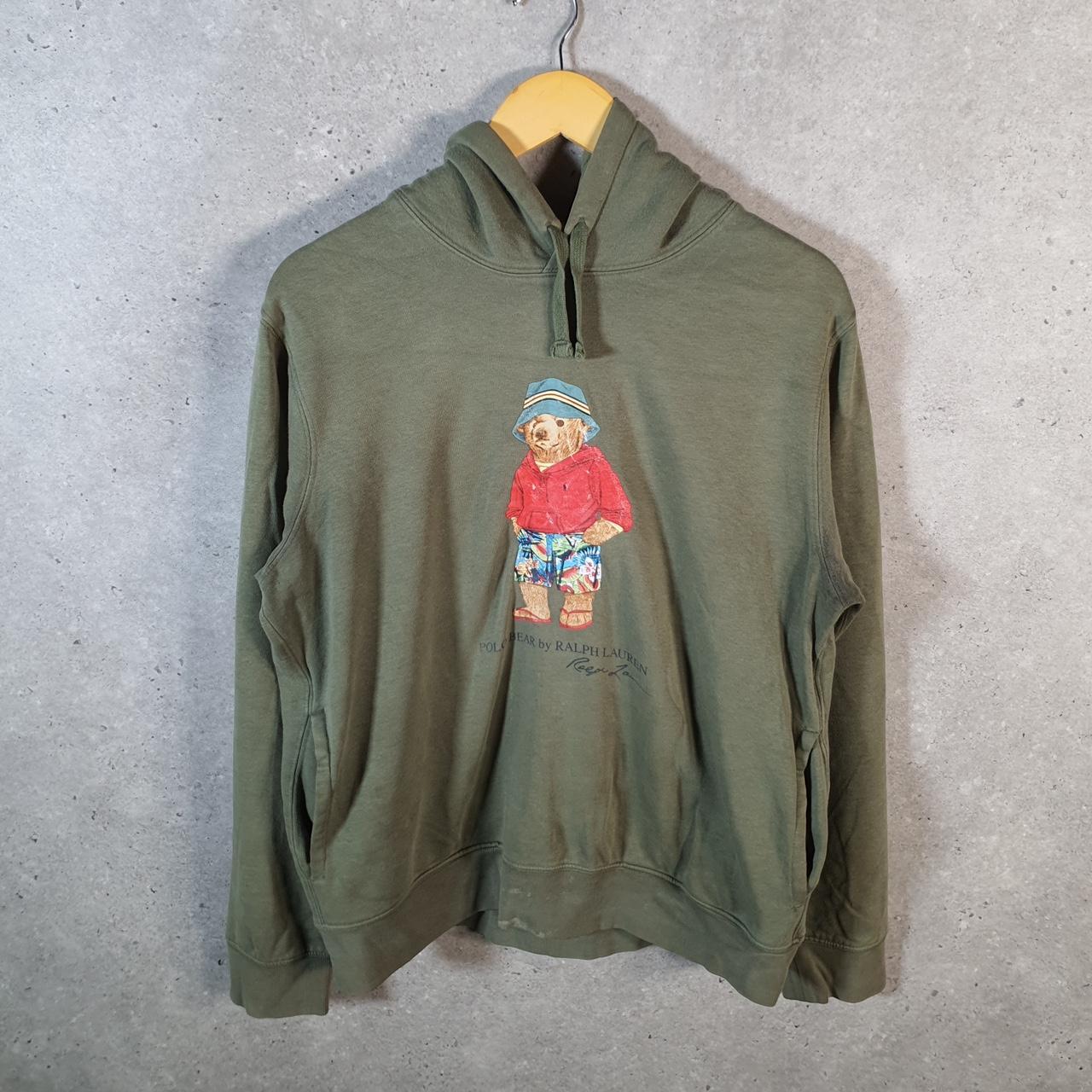 Vintage Ralph Lauren Polo Bear Spellout Hoodie Mens Medium Khaki Green Preppy Pony
