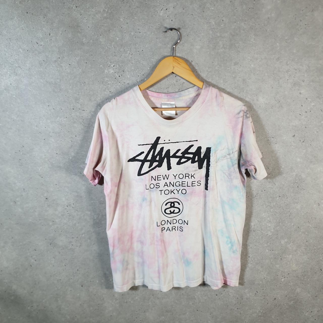 Vintage Stussy Spellout Tie Dye Printed T Shirt Men’s Small Pink Graphic Short Sleeve Big Fish Vintage