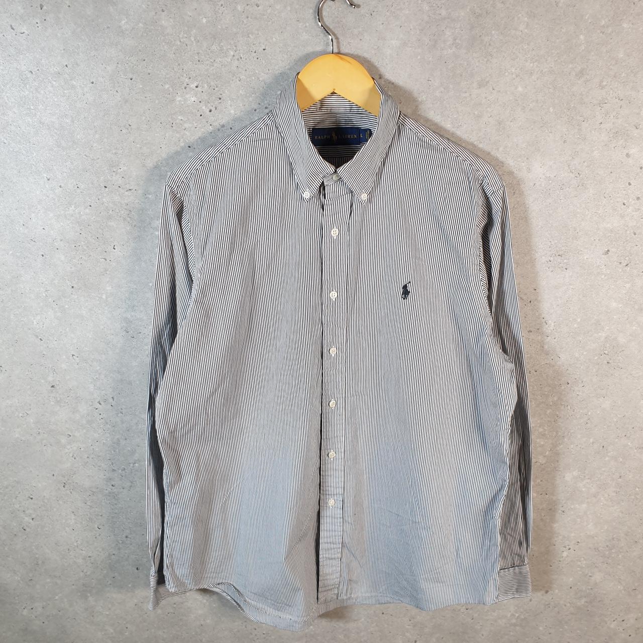 Vintage Ralph Lauren Button Down Shirt Men’s Large Grey Striped Custom Fit Pony
