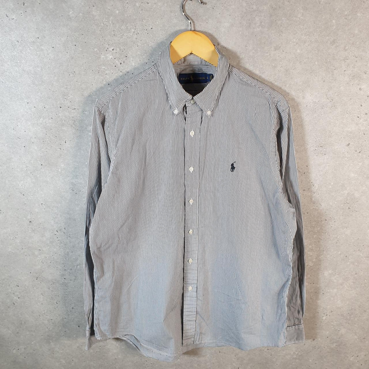 Vintage Ralph Lauren Button Down Shirt Men’s Large Grey Striped Custom Fit Pony
