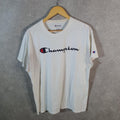 Vintage Champion Embroidered Spellout Logo T Shirt Men’s Large White USA Athletic