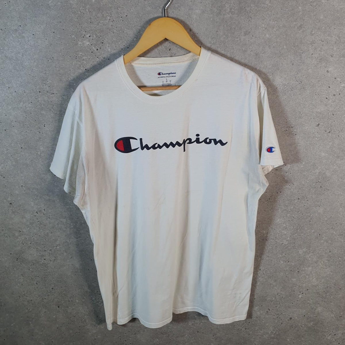 Vintage Champion Embroidered Spellout Logo T Shirt Men’s Large White USA Athletic