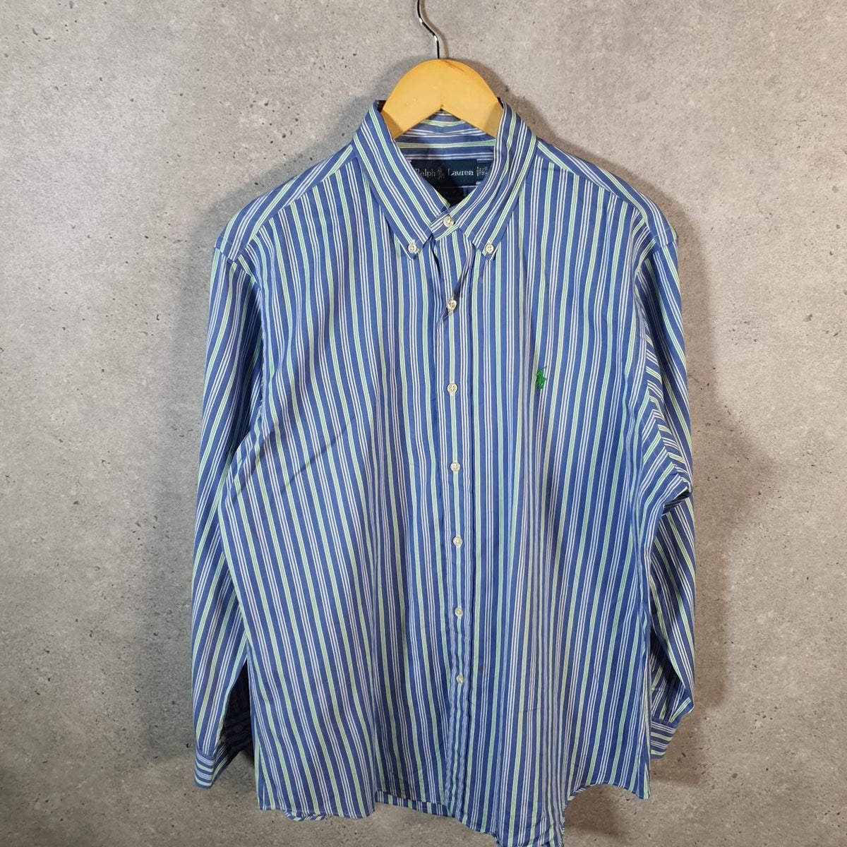 Vintage Ralph Lauren Button Down Shirt Men’s Large Blue Striped Custom Fit Cotton Pony