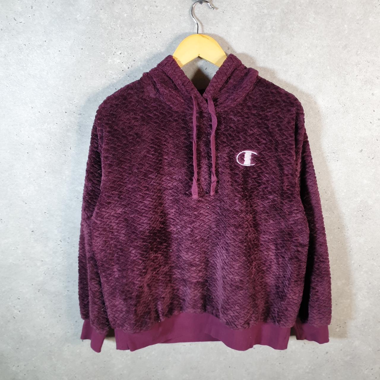 Vintage Champion Fleece Hoodie Womens Medium Burgundy Red Sport Pullover Spellout Logo