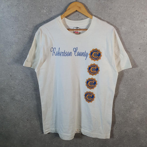 Vintage Fruit of the Loom Robertson County USA Single Stitch T Shirt Men’s Large White Big Fish Vintage