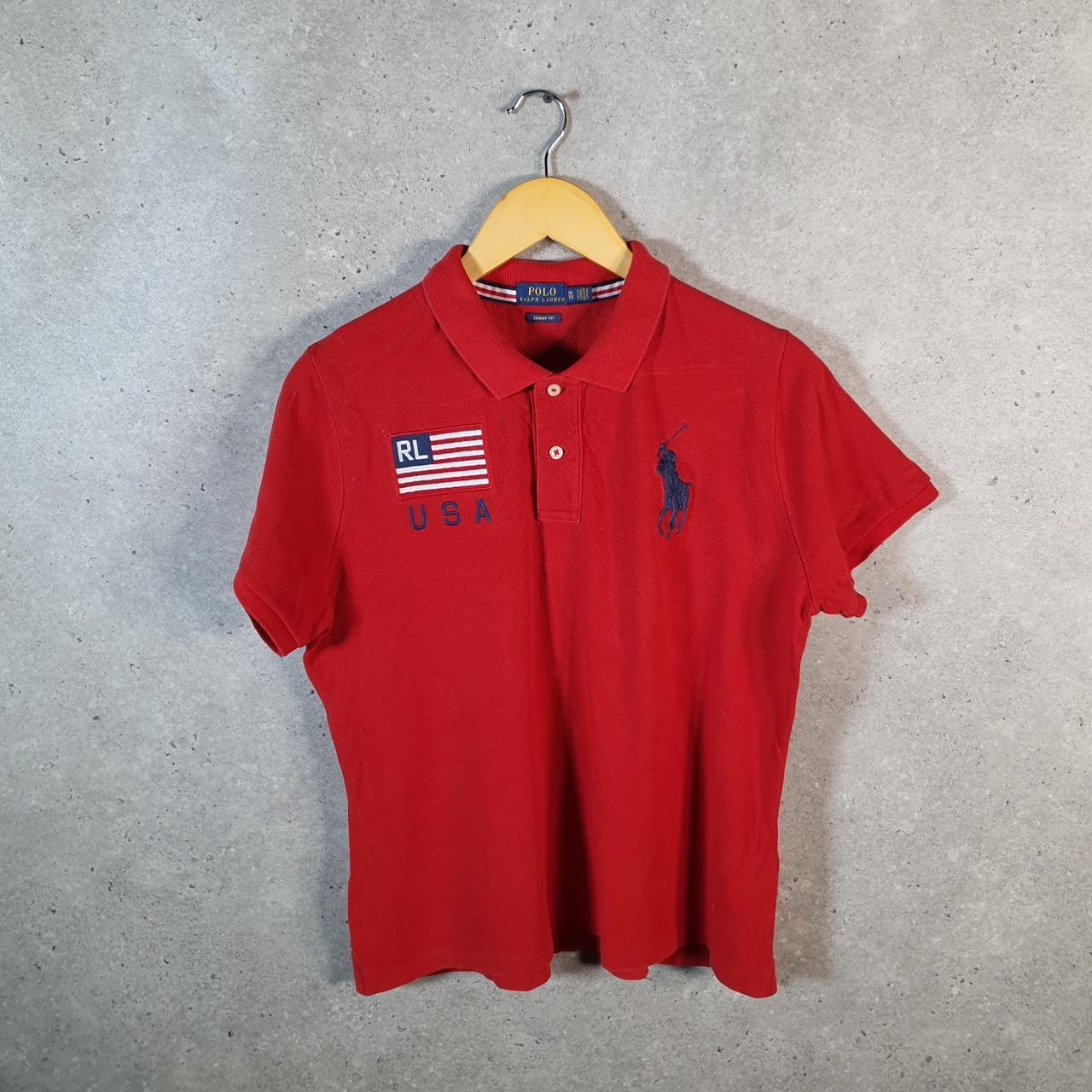 Vintage Ralph Lauren Polo USA Flag Polo Shirt Men’s XL Red Skinny Cotton Pony C9767