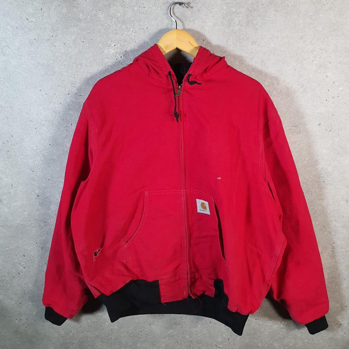 Vintage Carhartt 90s Active Hooded Jacket Men’s XL Red Workwear J03RED Canvas USA Big Fish Vintage