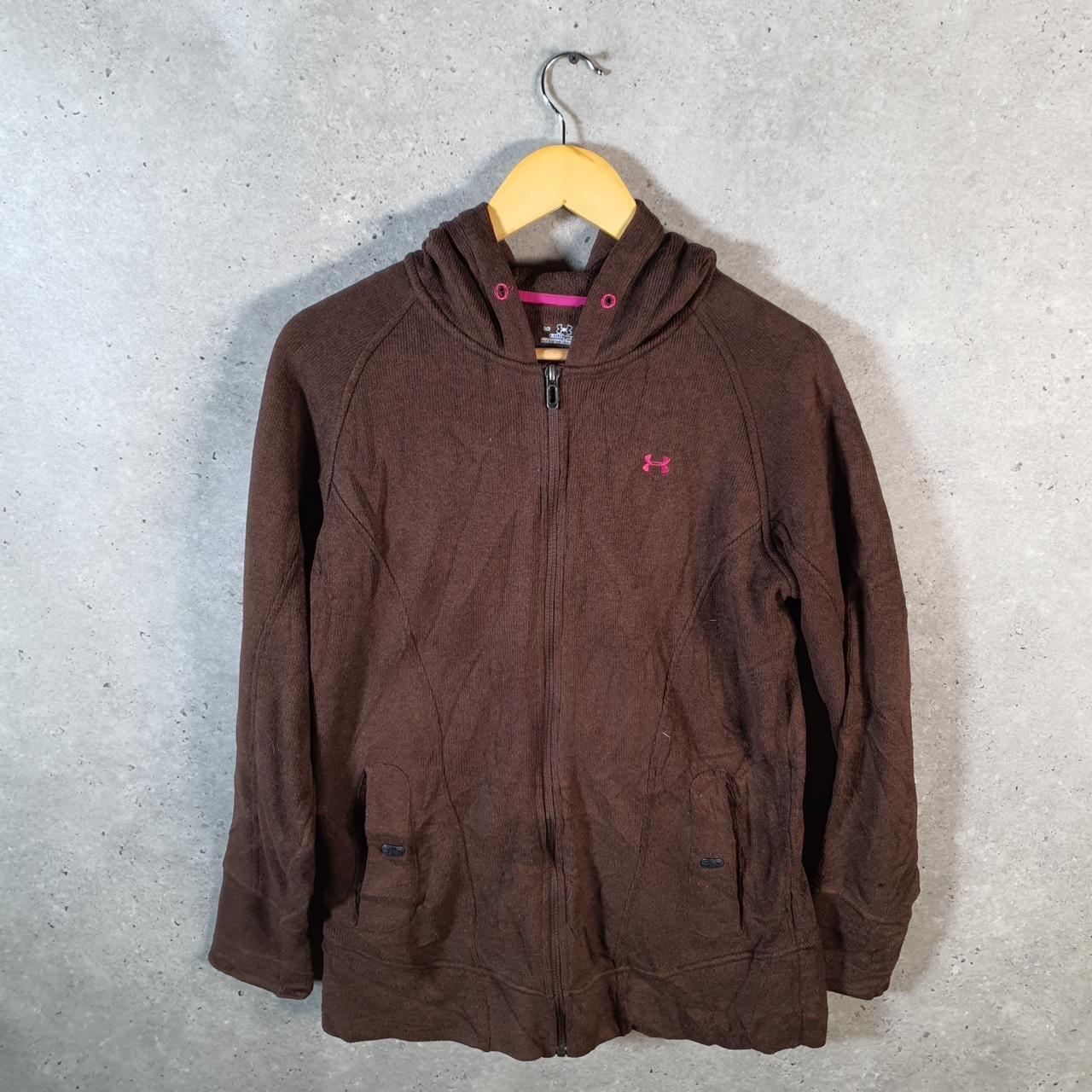 Vintage Under Armour Full Zip Fleece Hoodie Womens Large Brown Cold Gear Logo