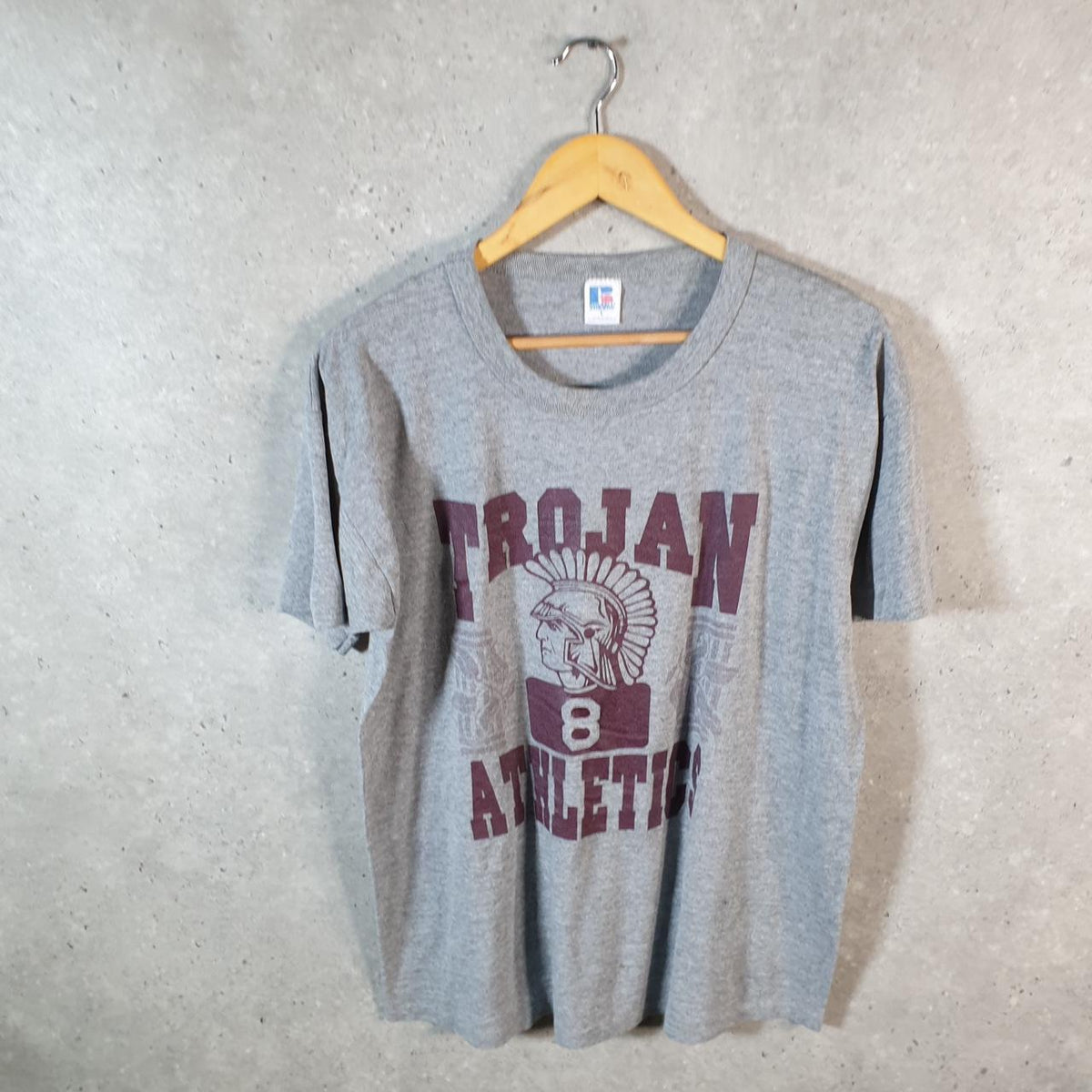 Vintage Russell Athletic Trojan Athletics USA Single Stitch T Shirt Men’s Large Grey