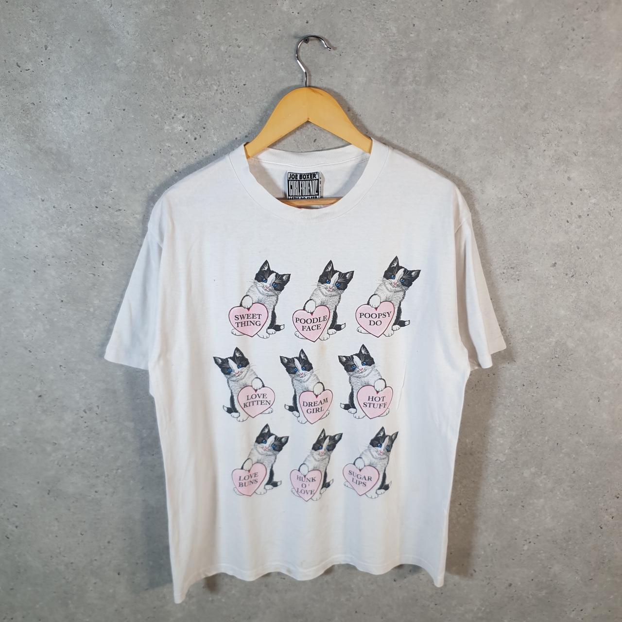 Vintage Joe Boxer Cat Love Heart Graphic 90s USA Single Stitch T Shirt Men’s Medium White