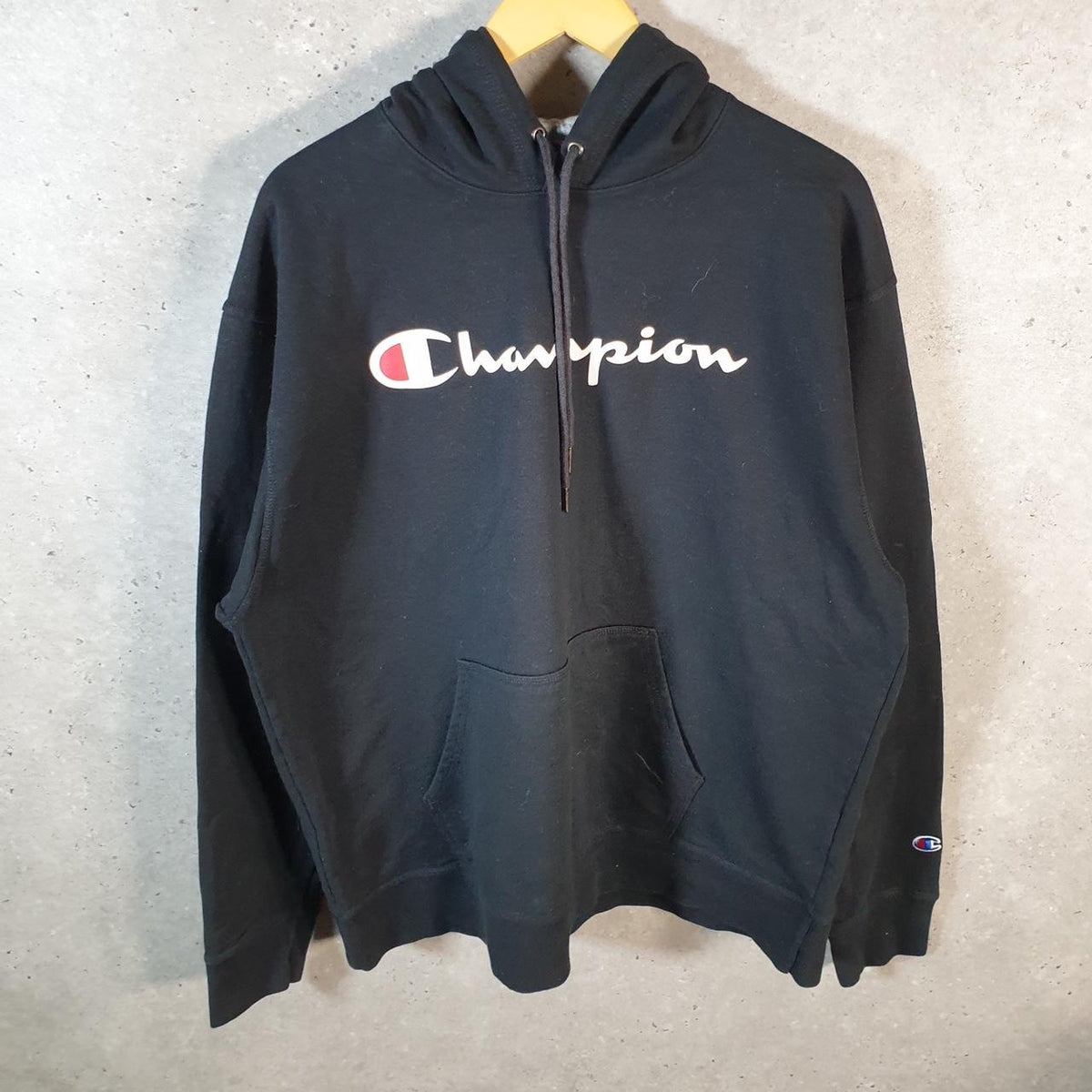 Vintage Champion Hoodie Men’s XL Black Pro Sport Pullover Spellout Logo