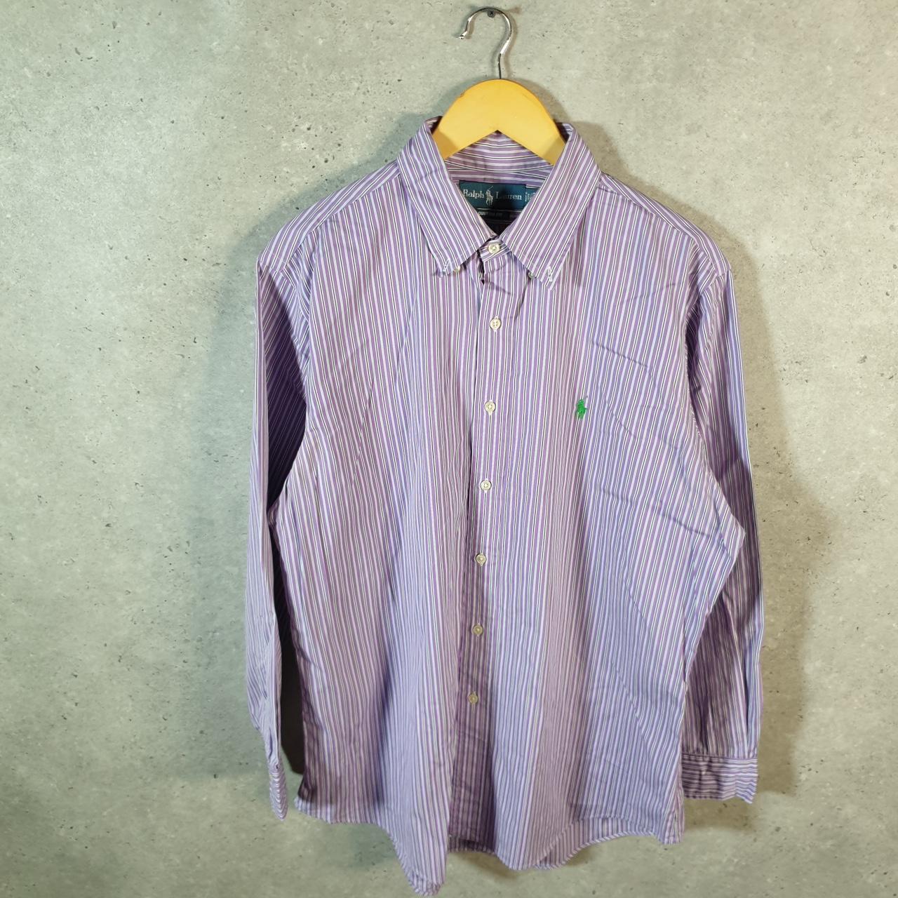 Vintage Ralph Lauren Button Down Shirt Men’s Large Purple Striped Custom Fit Cotton Pony