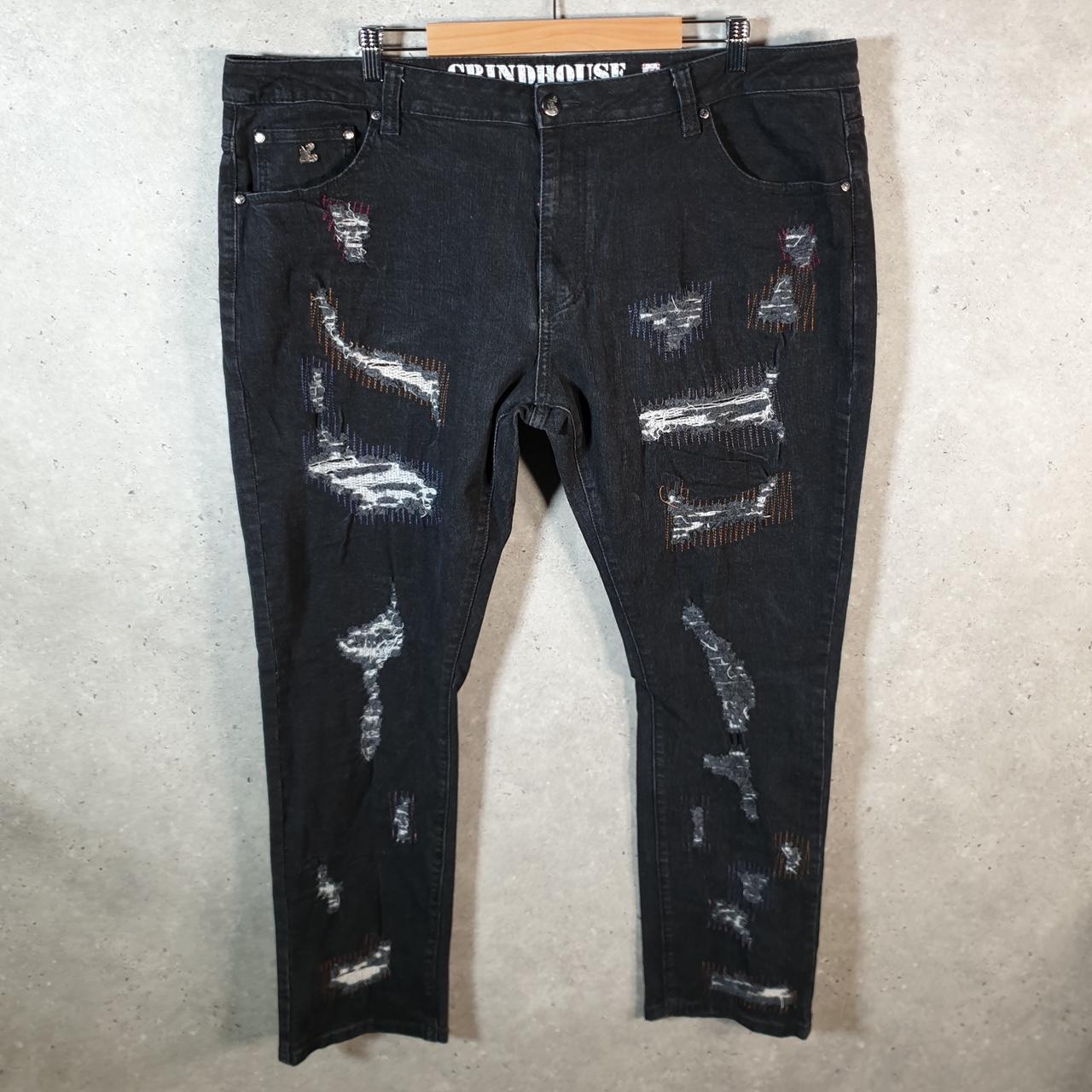 Vintage Grindhouse Baggy Y2K Hip Hop Jeans Mens W44 Black Embroidered Denim Big Fish Vintage
