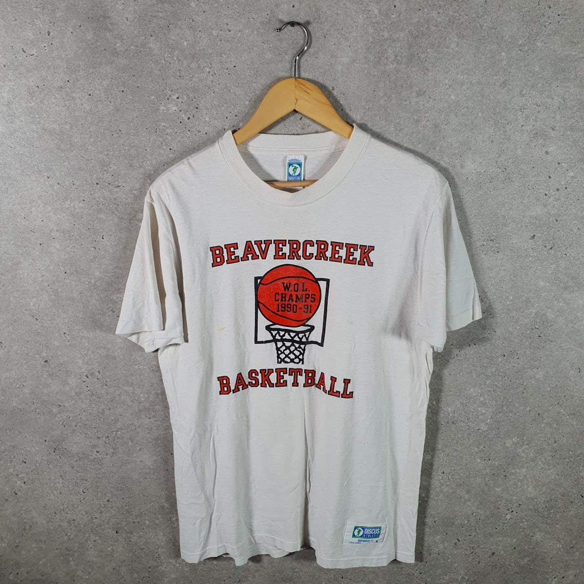 Vintage Discuss Athletics Beavercreek 1991 Basketball 90s USA Single Stitch T Shirt Men’s Large White