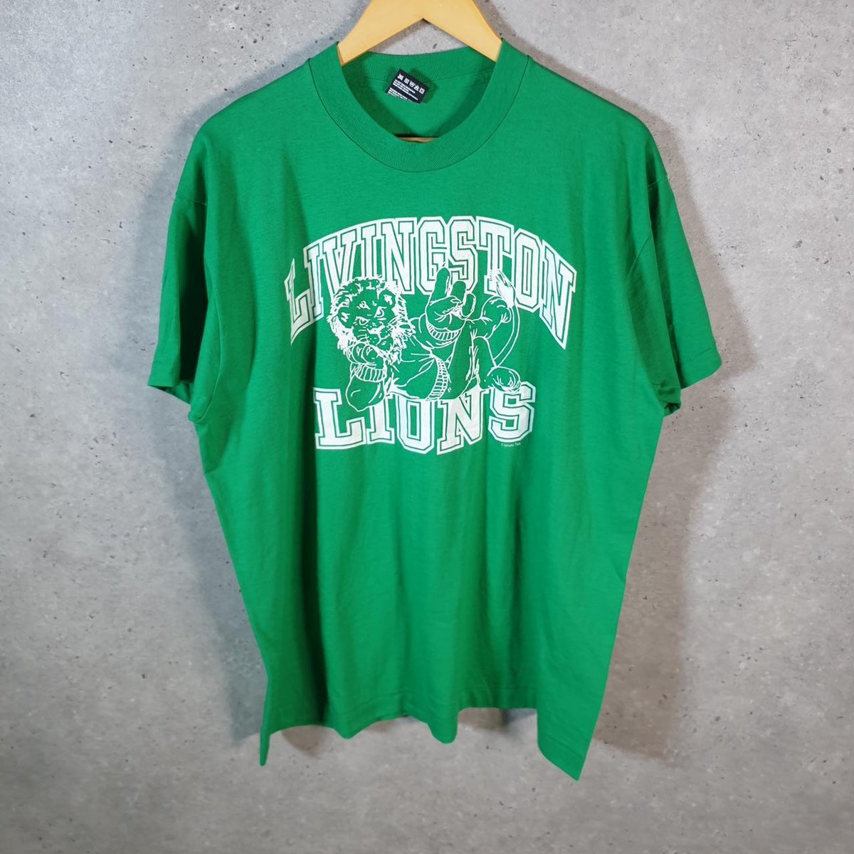 Vintage Fruit of the Loom Livingston Lions 90s USA Single Stitch T Shirt Men’s XL Green C9619