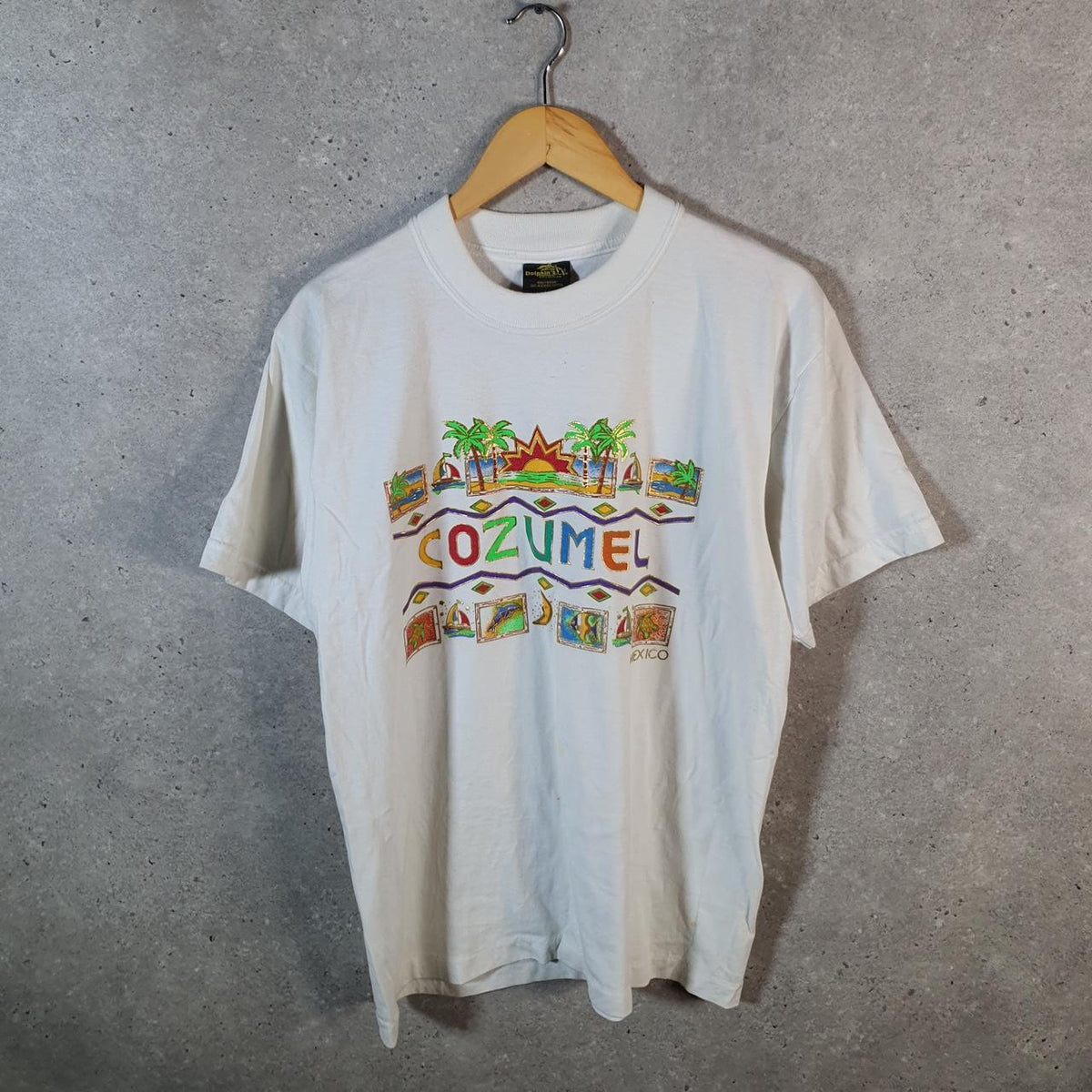 Vintage Cozumel Mexico Dolphins 90s USA Single Stitch T Shirt Men’s Large Graphic White Big Fish Vintage