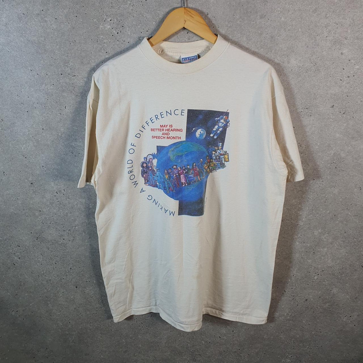 Vintage AllSport USA Hearing and Speech Month Graphic Single Stitch T Shirt Men’s XL White Big Fish Vintage