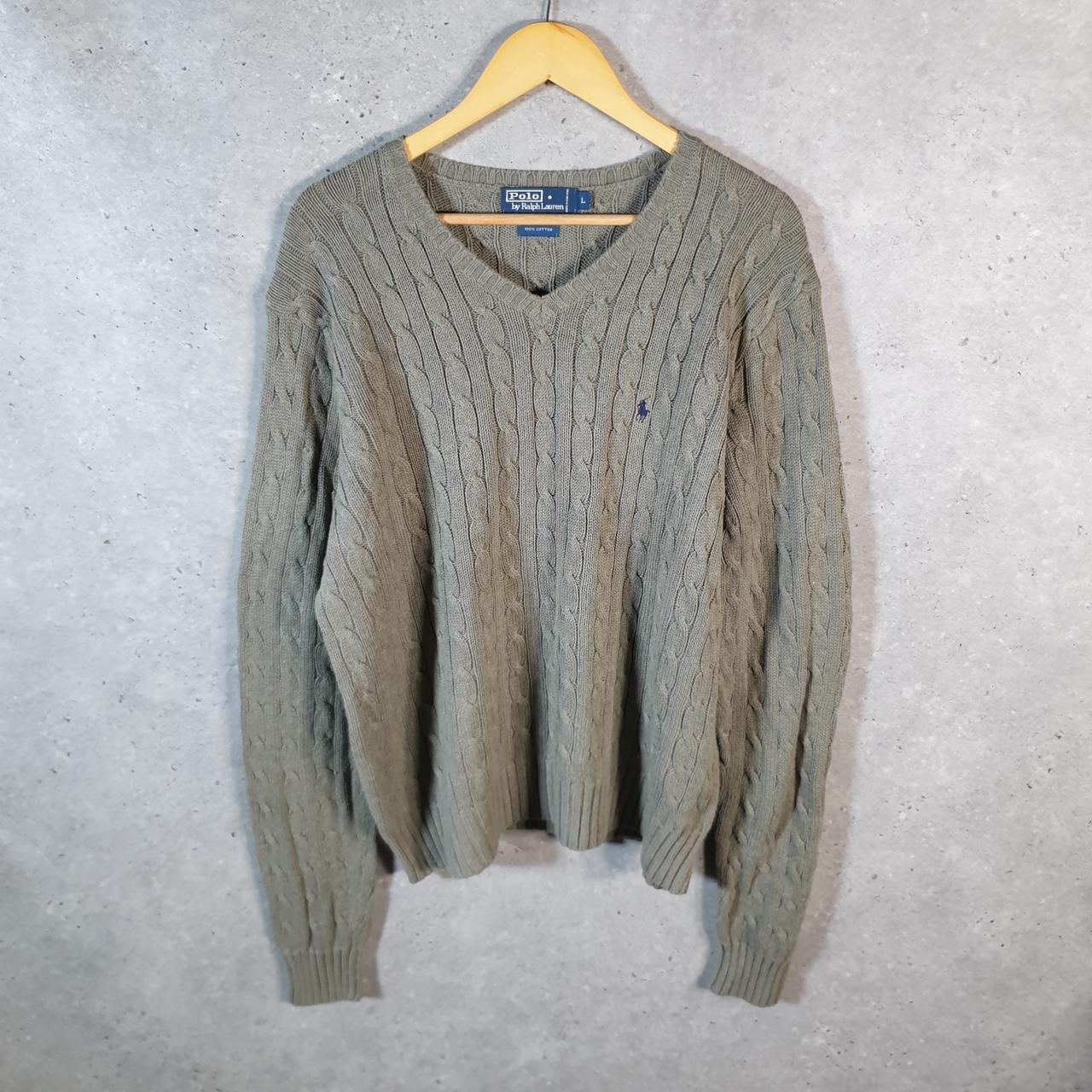 Vintage Ralph Lauren Polo Cable Knit Sweatshirt Men’s Large Grey Cotton Pullover Pony