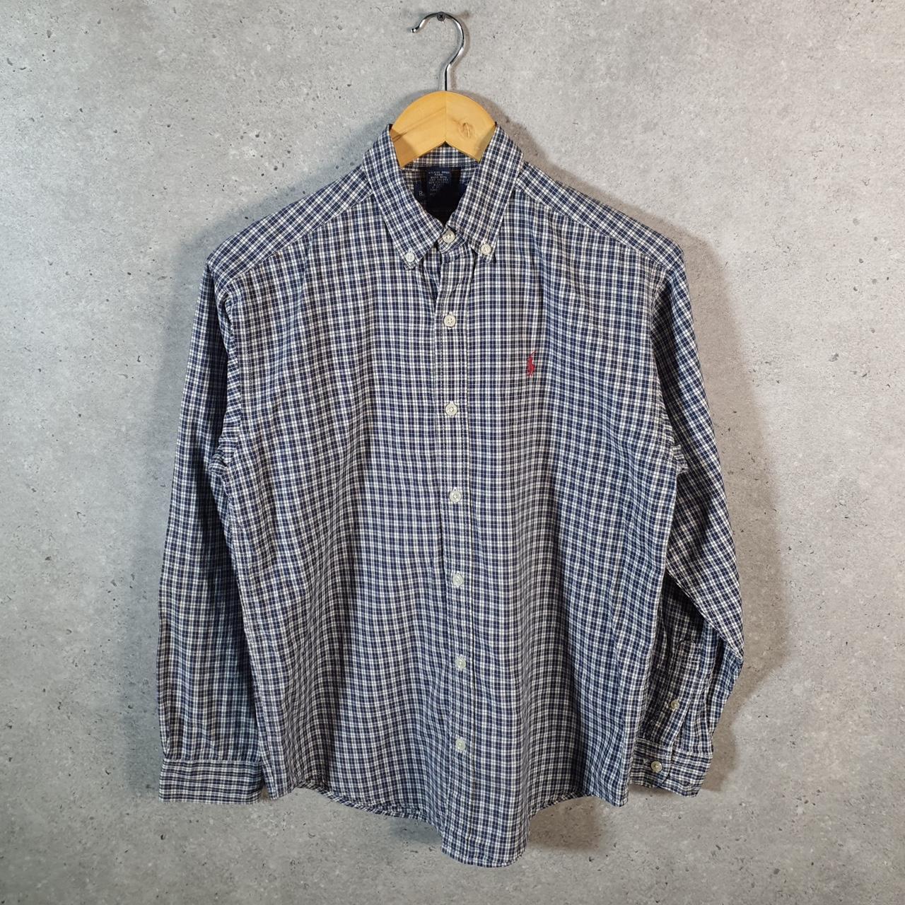 Vintage Ralph Lauren Button Down Shirt Womens Large Blue Checkered Cotton Pony Casual Big Fish Vintage