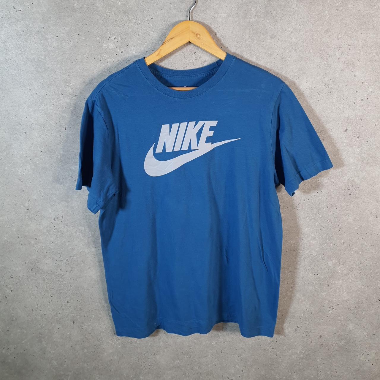Vintage Nike Club T Shirt Men’s Medium Blue Printed Single Swoosh Logo Athletic Big Fish Vintage