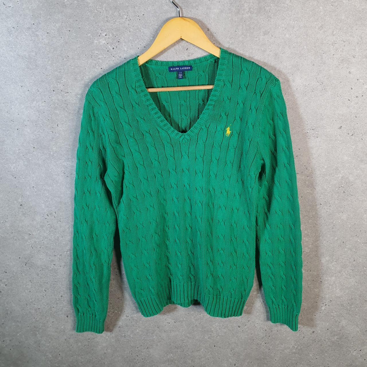 Vintage Ralph Lauren Polo Cable Knit Heavyweight Sweatshirt Womens Large Green Pony C8856