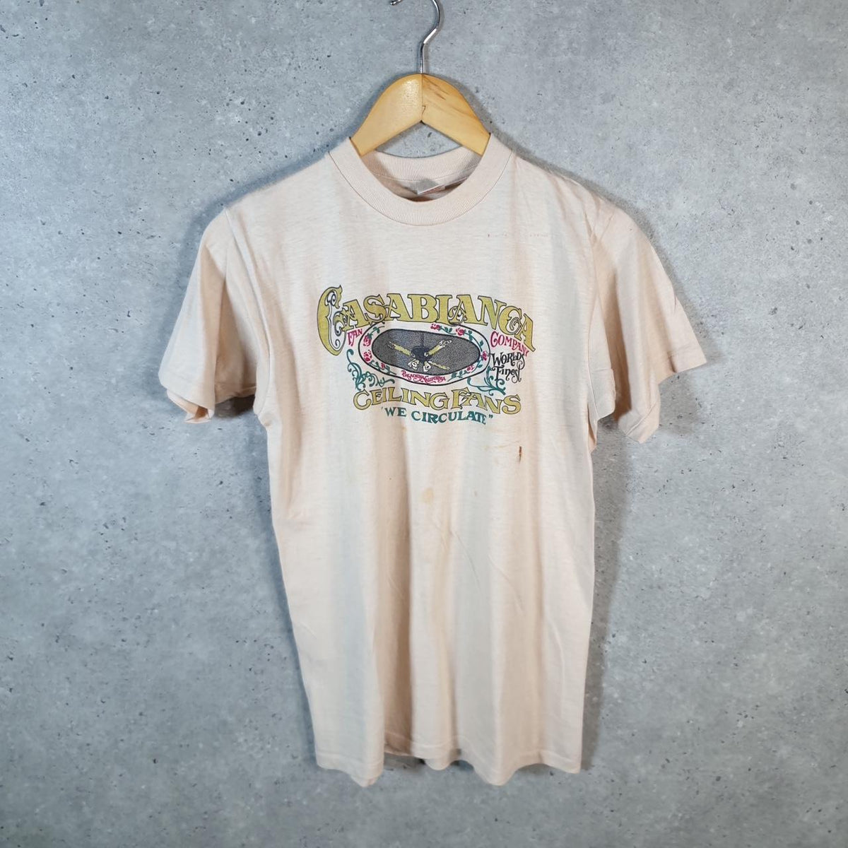 Vintage Collegiate Pacific Casablanca Ceiling Fans 90s Single Stitch T Shirt Men’s Medium Beige