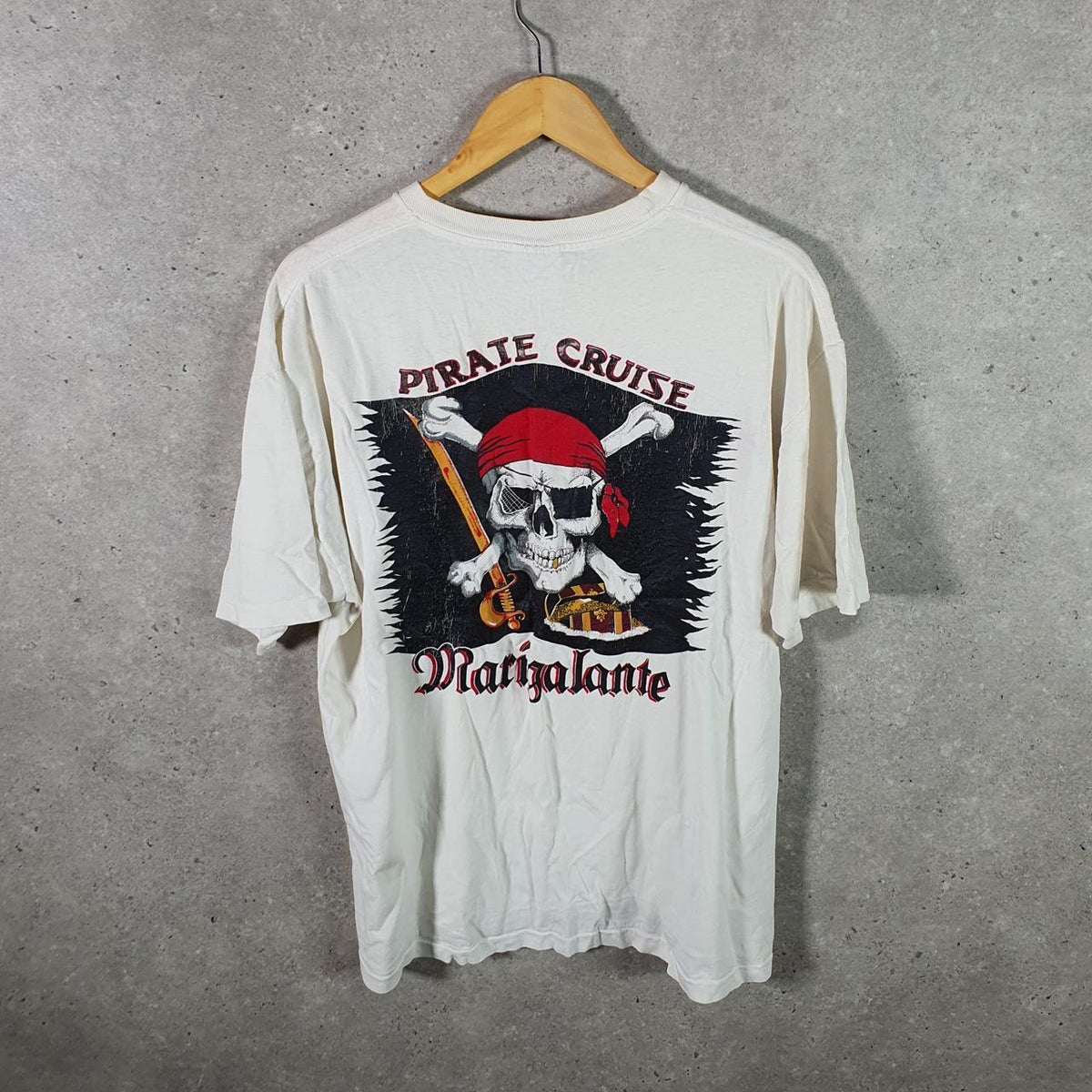 Vintage Hanes Heavyweight Marigalante Pirate USA 90s Single Stitch T Shirt Men’s XL White Big Fish Vintage