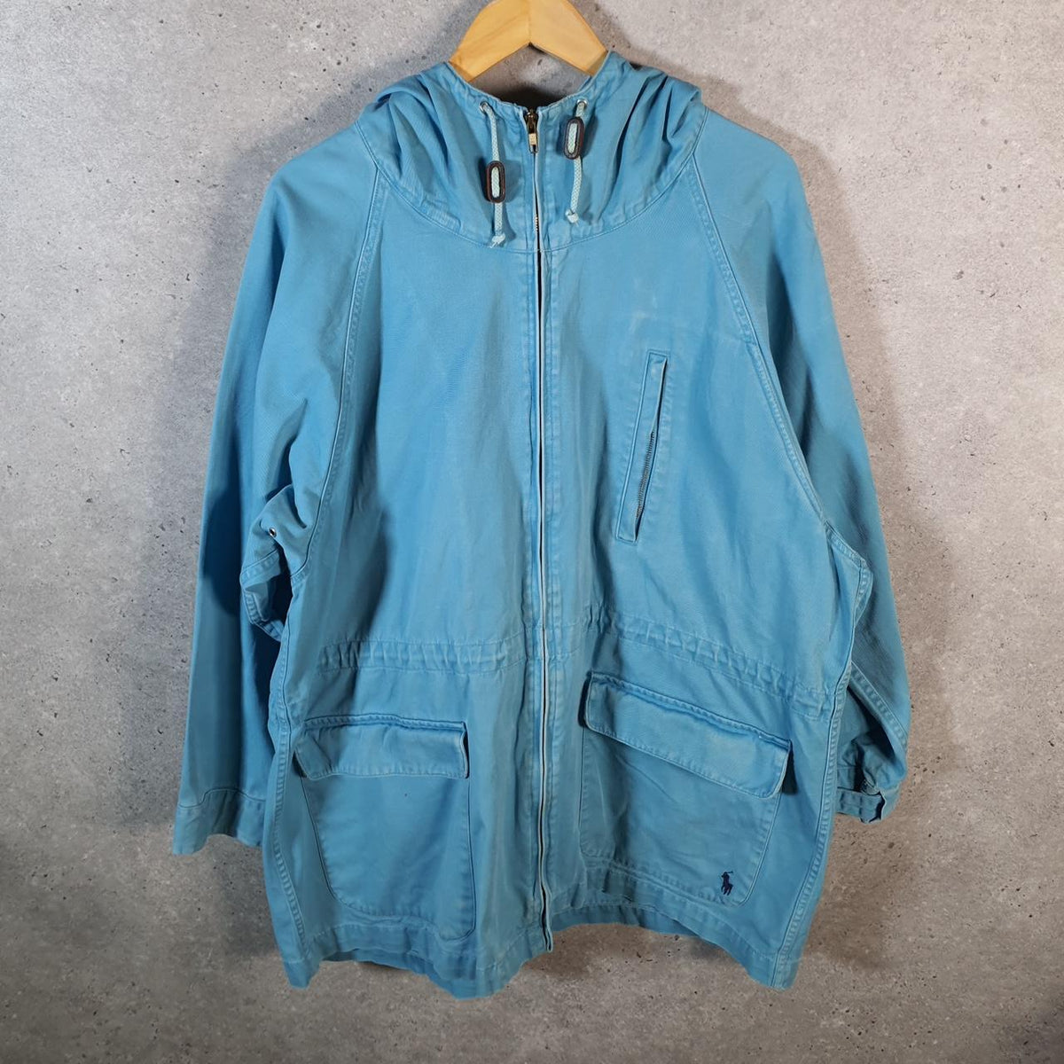 Vintage Ralph Lauren Polo Hooded Bomber Jacket Men’s Large Blue Pony Full Zip Big Fish Vintage