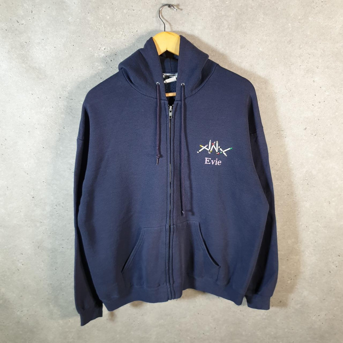 Vintage Lee Heavyweight Hoodie Men’s Large Navy Blue USA Evie Crayons Full Zip