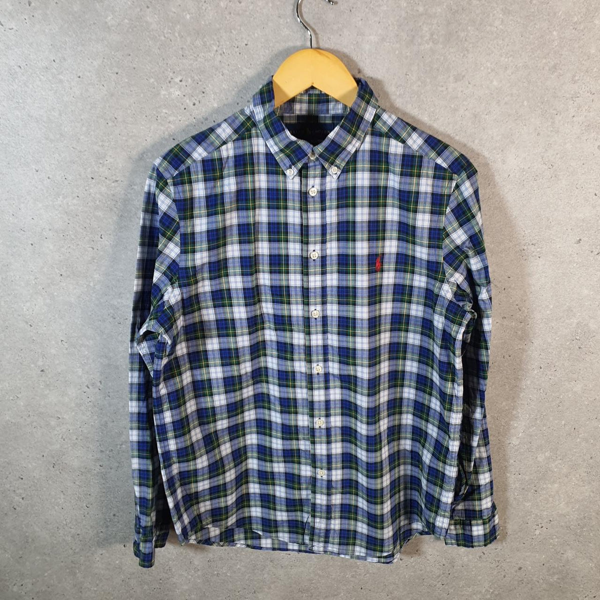 Vintage Ralph Lauren Button Down Shirt Womens XL Checkered Blue Classic Fit Pony