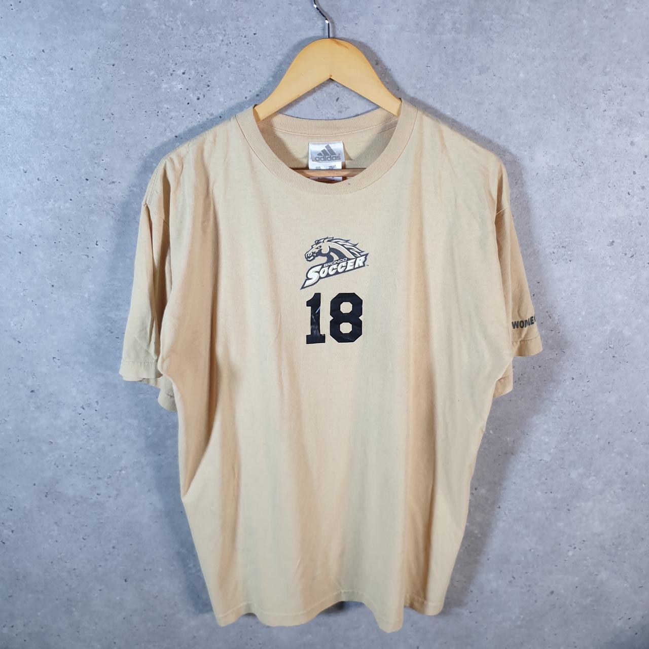 Vintage Adidas 90s Bronco Soccer T Shirt Mens Large Beige Three Stripes Logo Athletic