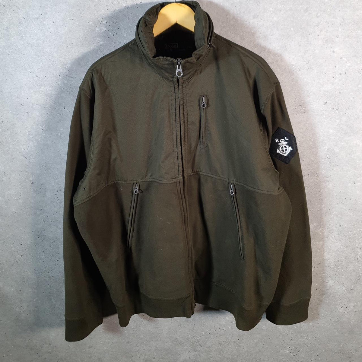 Polo Ralph Lauren Olive Fleece-Lined Hidden Hood Full Zip Jacket Patch Logo Mens 2XL