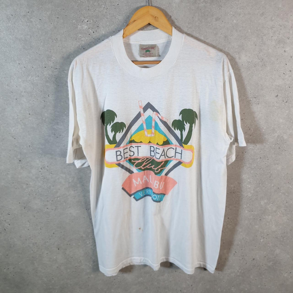 Vintage Turtle Bay Best Beach Malibu Graphic 90s Single Stitch T Shirt Men’s Medium White