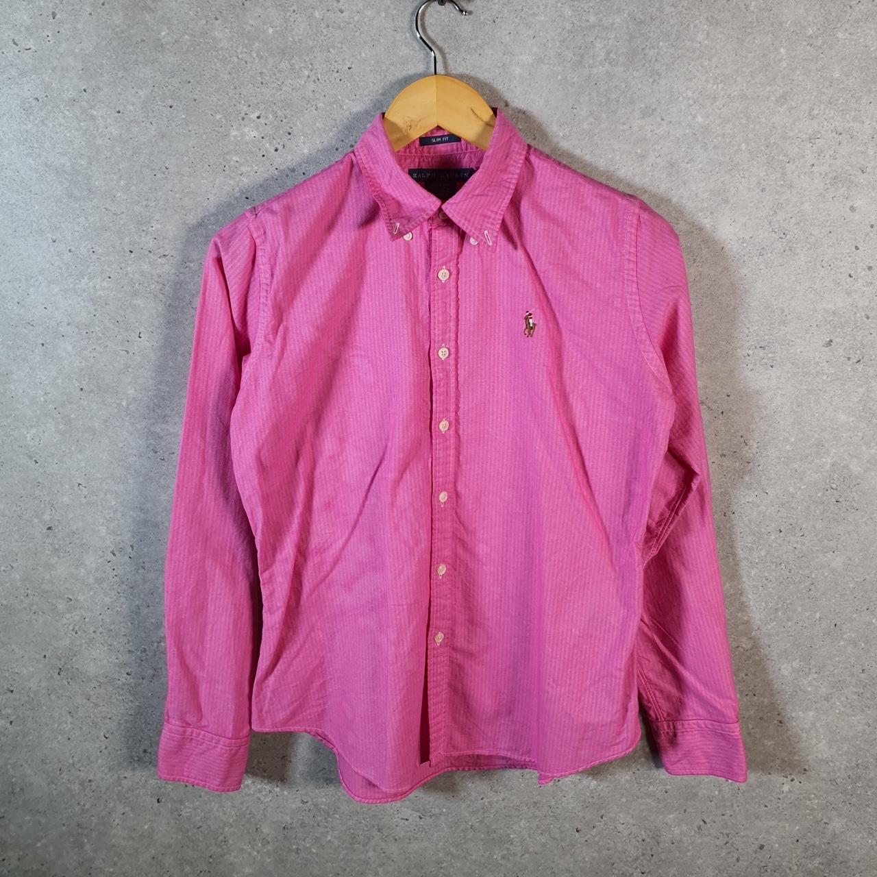 Vintage Ralph Lauren Button Down Shirt Womens Medium Pink Striped Slim Pony Casual C8499