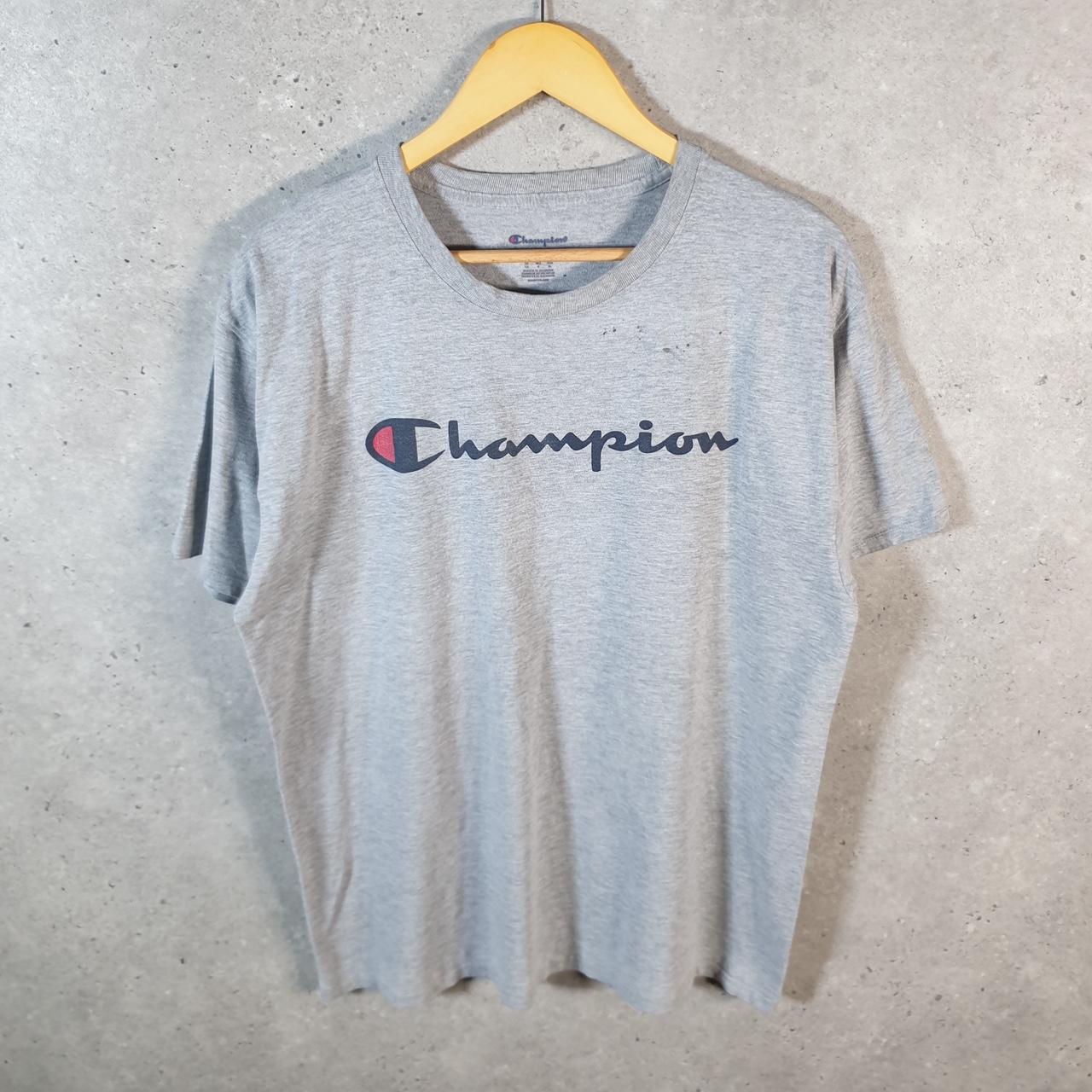 Vintage Champion Spellout T Shirt Men’s Large Slim Grey USA Athletic